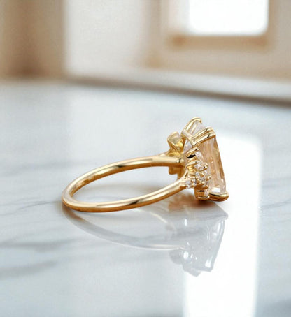 3.5ct Emerald Cut Lab Grown Diamond Engagement Ring • Vintage Yellow Gold Cluster Bridal Ring