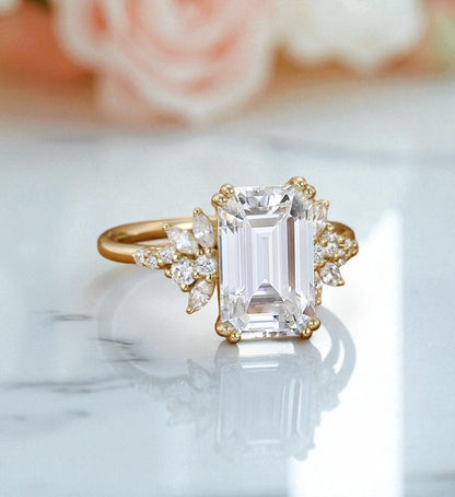 3.5ct Emerald Cut Lab Grown Diamond Engagement Ring • Vintage Yellow Gold Cluster Bridal Ring