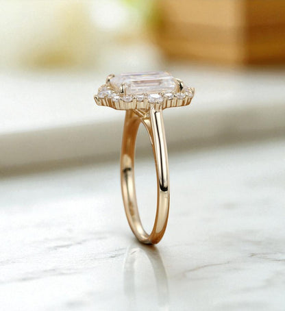 3CT Emerald Cut Lab Grown Diamond Engagement Ring • Vintage Yellow Gold Halo Ring