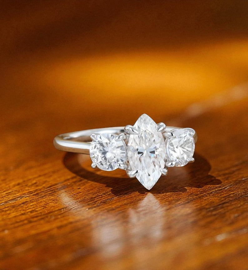 1.00 ct Three Stone Marquise Cut Lab Grown Diamond Engagement Ring