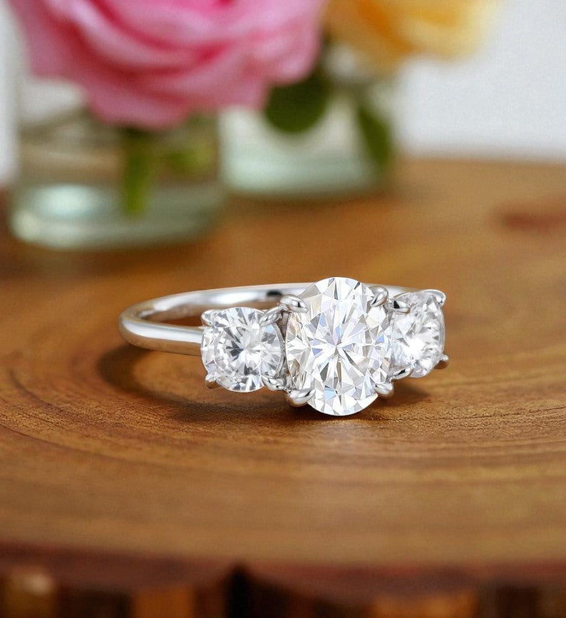 1.00 ct Oval Lab Grown Diamond Engagement Ring • Unique 3-Stone White Gold Cluster Ring