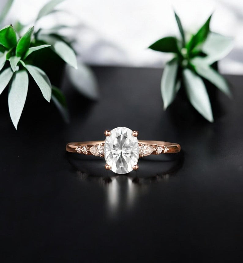 1.710 Ct Oval Cut Moissanite Bridal Set Engagement Ring Solid 14K Rose Gold