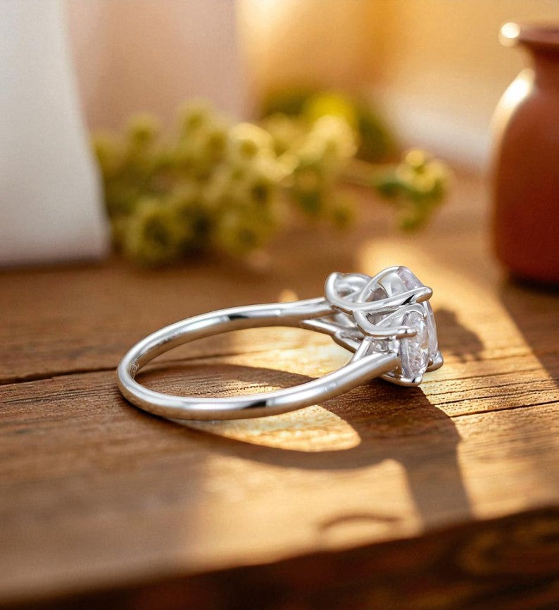 1.00 ct Oval Lab Grown Diamond Engagement Ring • Unique 3-Stone White Gold Cluster Ring