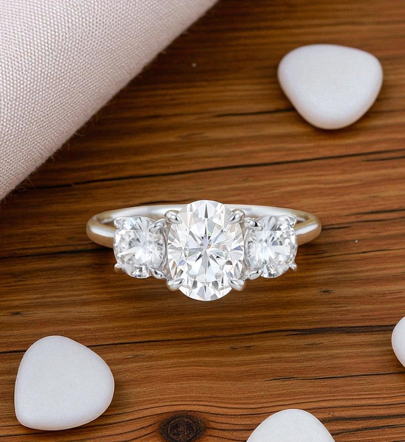 1.00 ct Oval Lab Grown Diamond Engagement Ring • Unique 3-Stone White Gold Cluster Ring