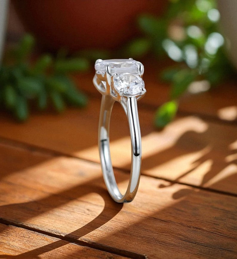 1.00 ct Oval Lab Grown Diamond Engagement Ring • Unique 3-Stone White Gold Cluster Ring