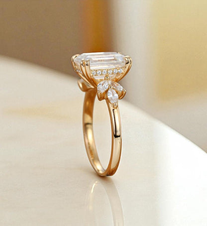 3.0ct Emerald Cut Lab Grown Diamond Engagement Ring • Vintage Cluster Bridal Ring