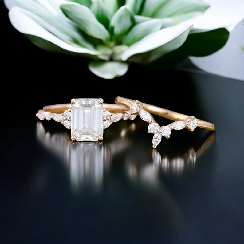 1.219ct Emerald cut moissanite engagement ring set