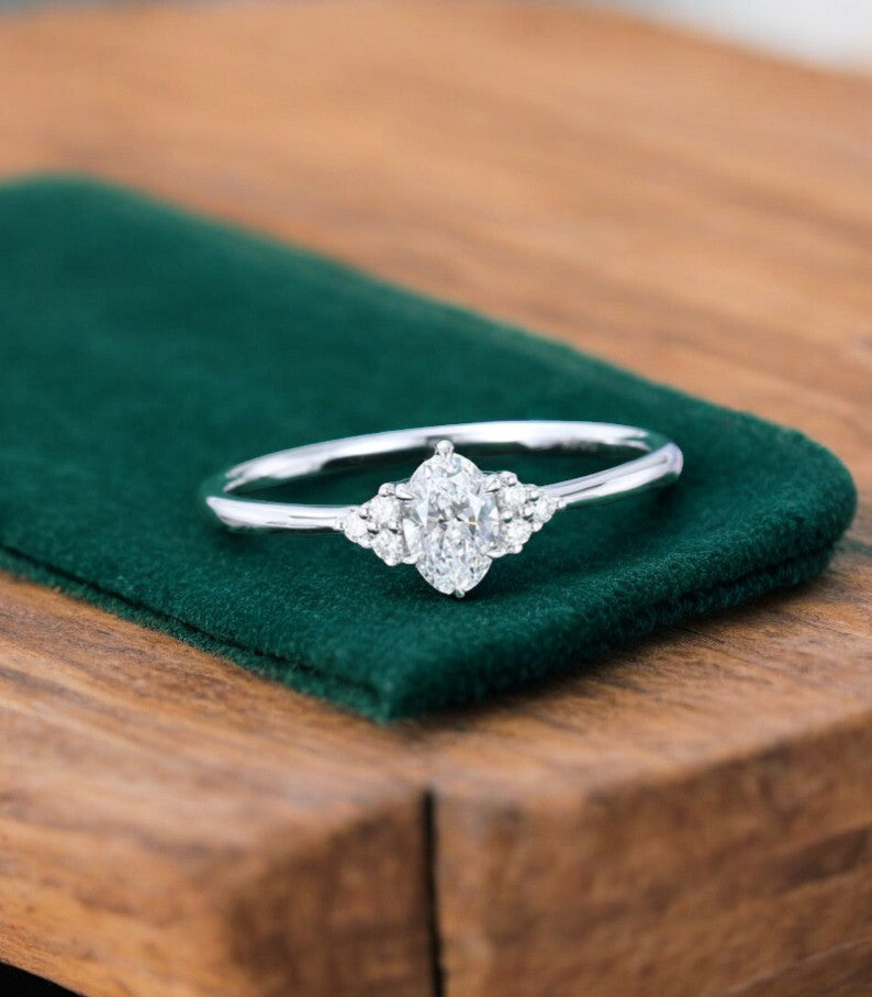 0.50ct Oval Cut Lab Grown Diamond Engagement Ring • Vintage Cluster Ring