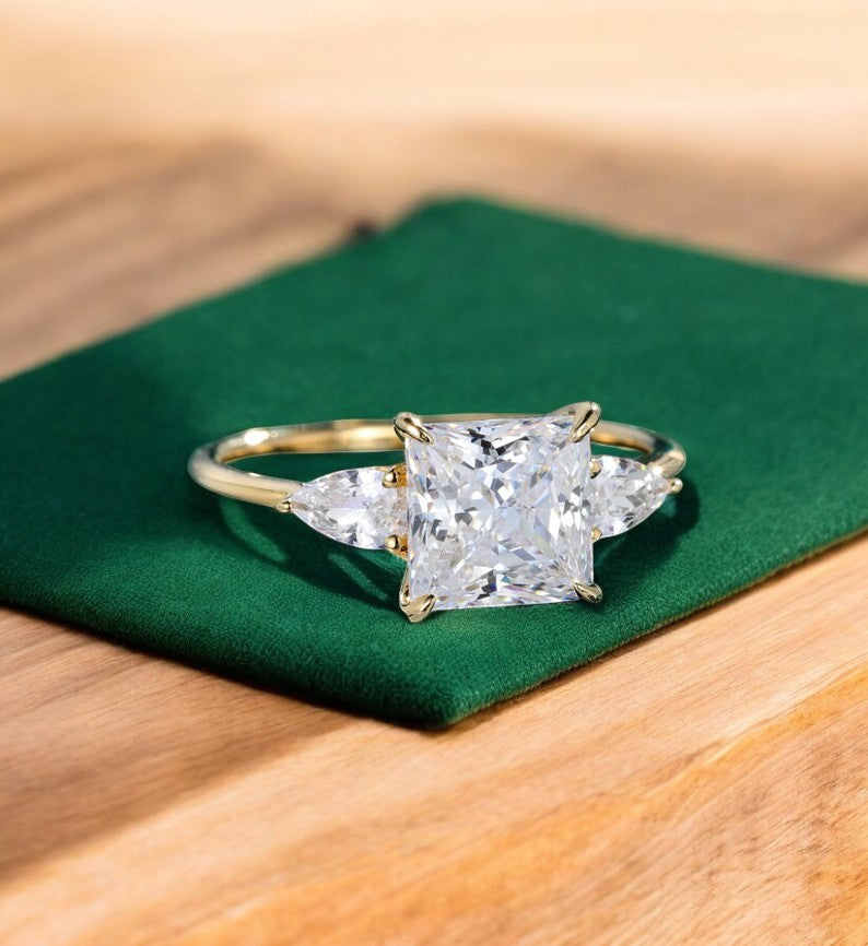 2.350 ct Princess Cut Lab Grown Diamond Engagement Ring • Three Stone Bridal Ring