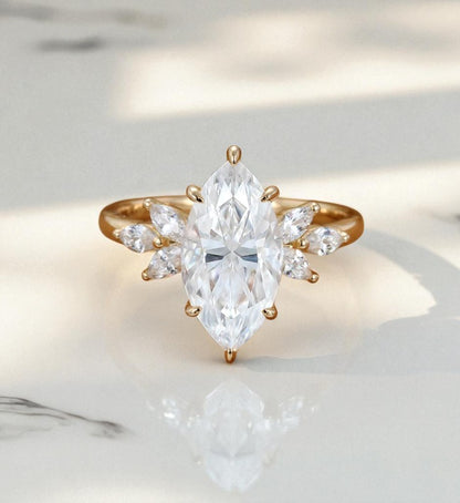 3.0 Marquise Cut Lab Grown Diamond  Engagement Ring • Unique Vintage Cluster Bridal Ring