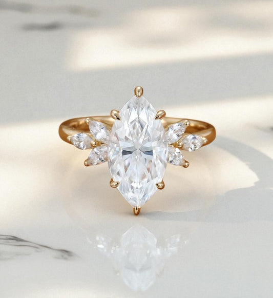 3.0 Marquise Cut Lab Grown Diamond  Engagement Ring • Unique Vintage Cluster Bridal Ring