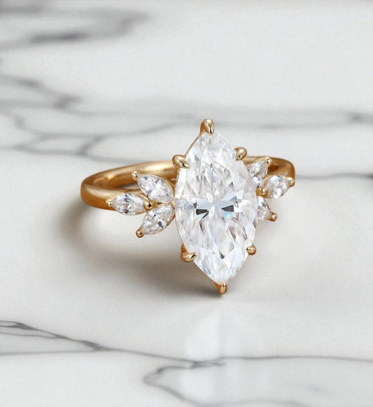3.0 Marquise Cut Lab Grown Diamond  Engagement Ring • Unique Vintage Cluster Bridal Ring