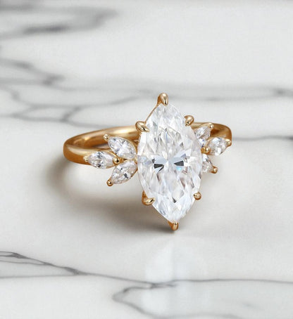 3.0 Marquise Cut Lab Grown Diamond  Engagement Ring • Unique Vintage Cluster Bridal Ring