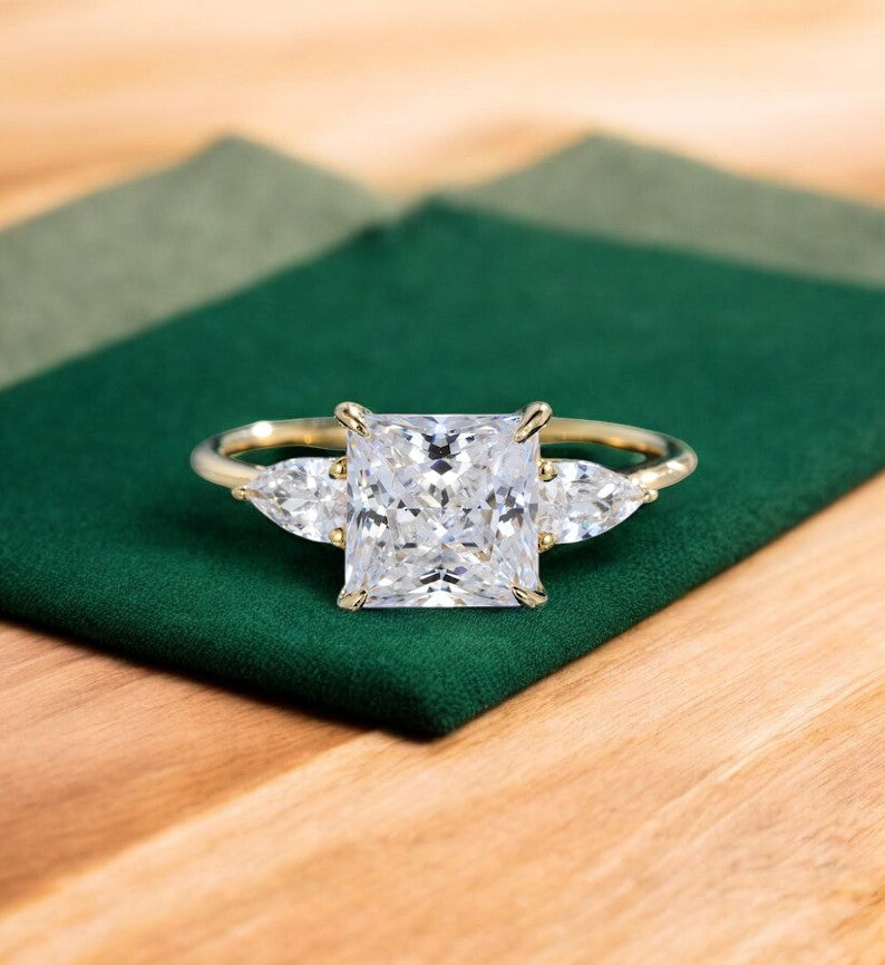 2.350 ct Princess Cut Lab Grown Diamond Engagement Ring • Three Stone Bridal Ring