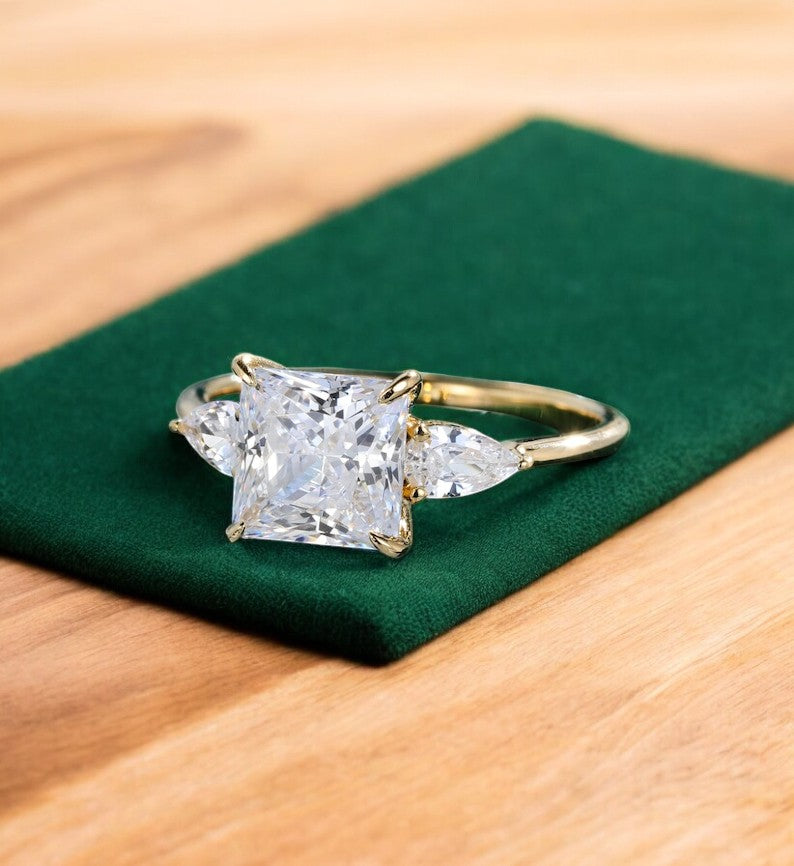 2.350 ct Princess Cut Lab Grown Diamond Engagement Ring • Three Stone Bridal Ring