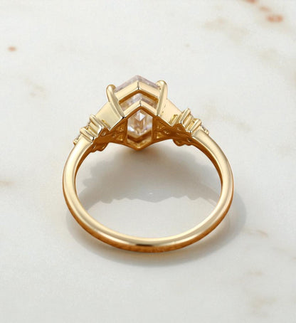 Lab Grown Diamond Hexagon Engagement Ring • Vintage Yellow Gold Cluster Bridal Ring