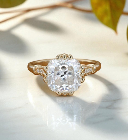 Lab Grown Cushion Cut Moissanite Engagement Ring • Vintage Yellow Gold Bridal Ring