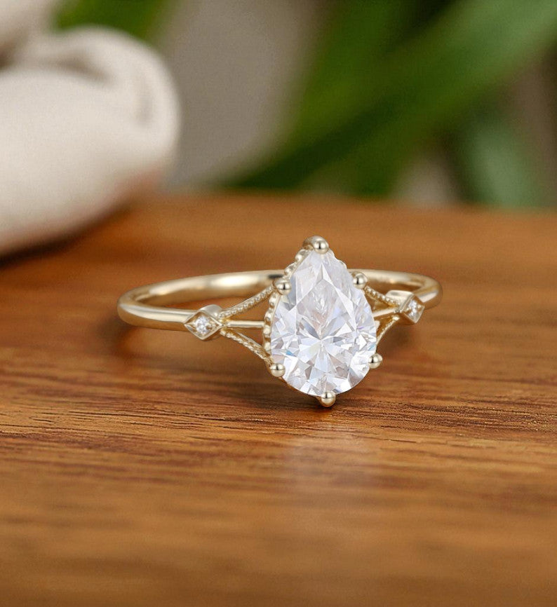 2.0ct Pear Cut Lab Grown Diamond Engagement Ring • Vintage Art Deco Inspired Ring