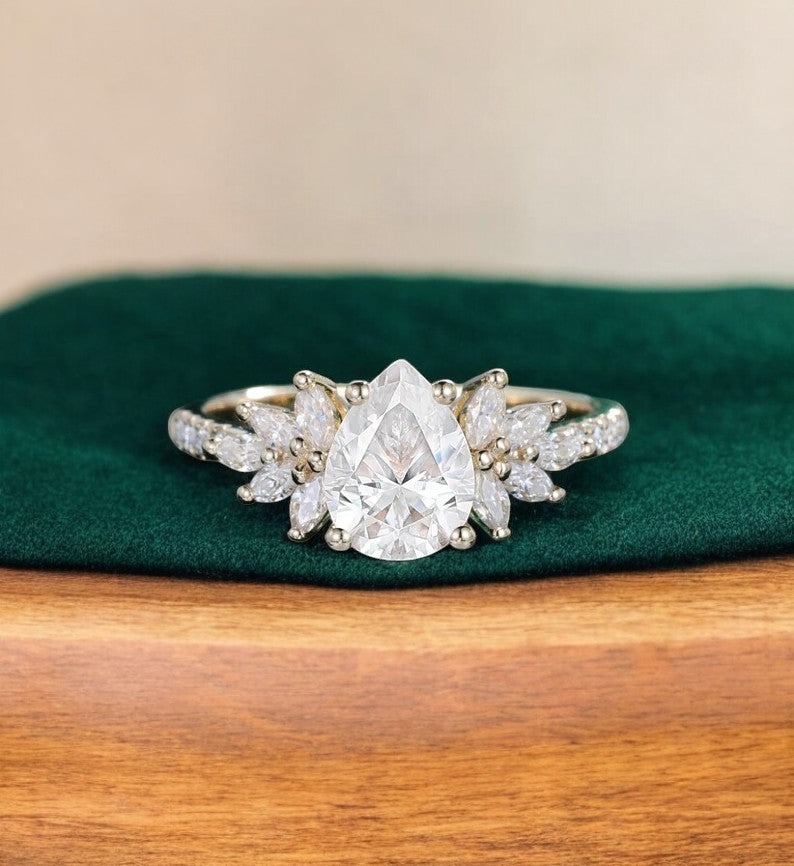 1.25 ct Pear Cut Lab Grown Engagement Ring • Vintage Floral Cluster Bridal Ring