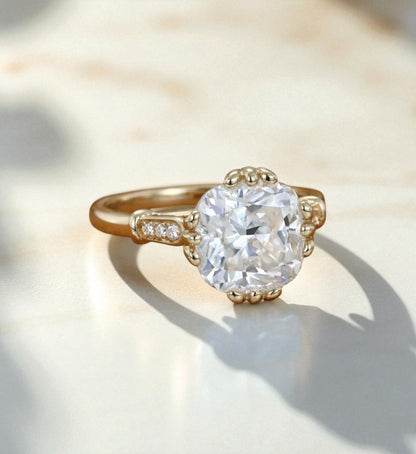 Lab Grown Cushion Cut Lab-Grown Engagement Ring • Vintage Yellow Gold Bridal Ring