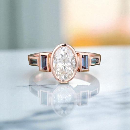 1.75 ct Oval Lab Grown Diamond Engagement Ring • Vintage Rose Gold Bezel Set Ring