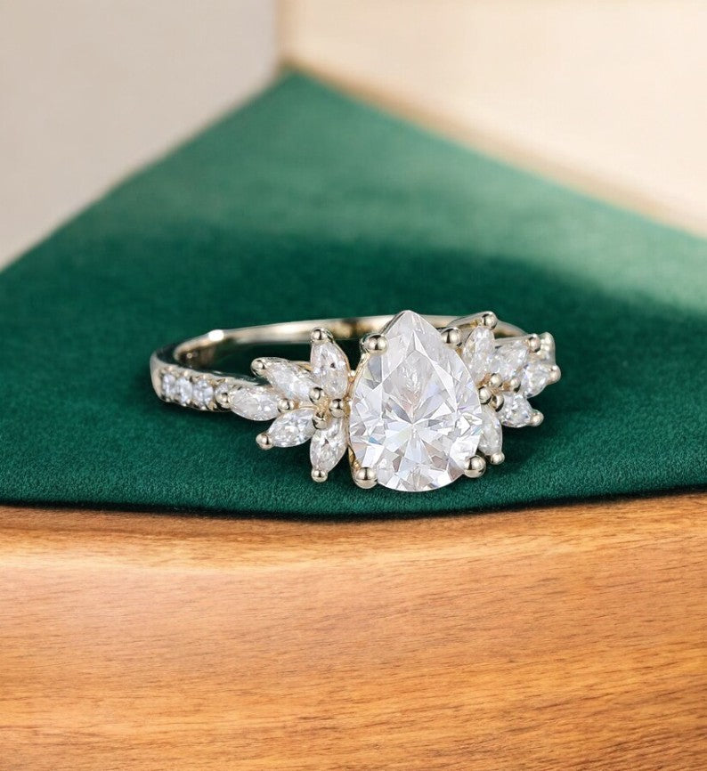 1.25 ct Pear Cut Lab Grown Engagement Ring • Vintage Floral Cluster Bridal Ring