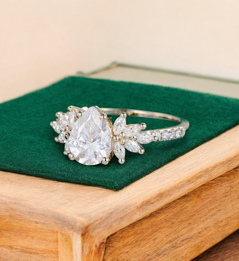 1.25 ct Pear Cut Lab Grown Engagement Ring • Vintage Floral Cluster Bridal Ring