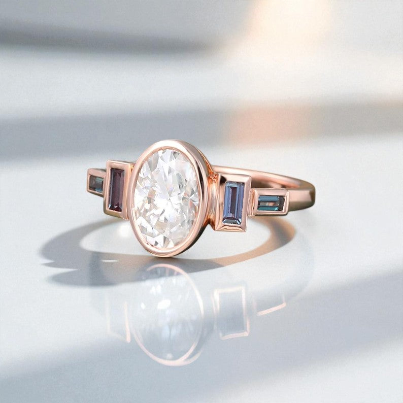 1.75 ct Oval Lab Grown Diamond Engagement Ring • Vintage Rose Gold Bezel Set Ring