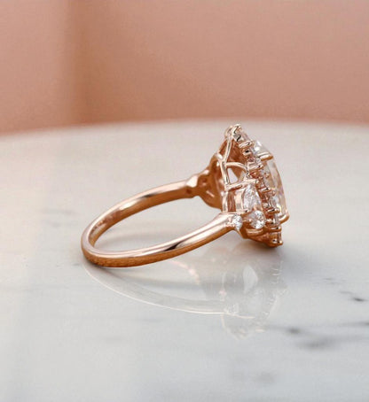 3CT Oval Lab Grown Diamond Cluster Engagement Ring • Vintage Rose Gold Art Deco Bridal Ring