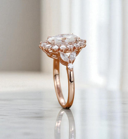 3CT Oval Lab Grown Diamond Cluster Engagement Ring • Vintage Rose Gold Art Deco Bridal Ring