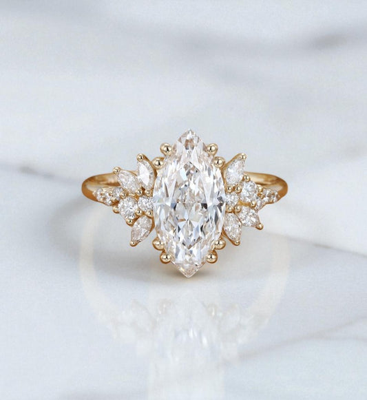 1.50ct Marquise Cut Lab Grown Cluster Engagement Ring • Vintage Art Deco Promise Ring