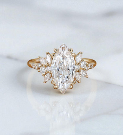 1.50ct Marquise Cut Lab Grown Cluster Engagement Ring • Vintage Art Deco Promise Ring