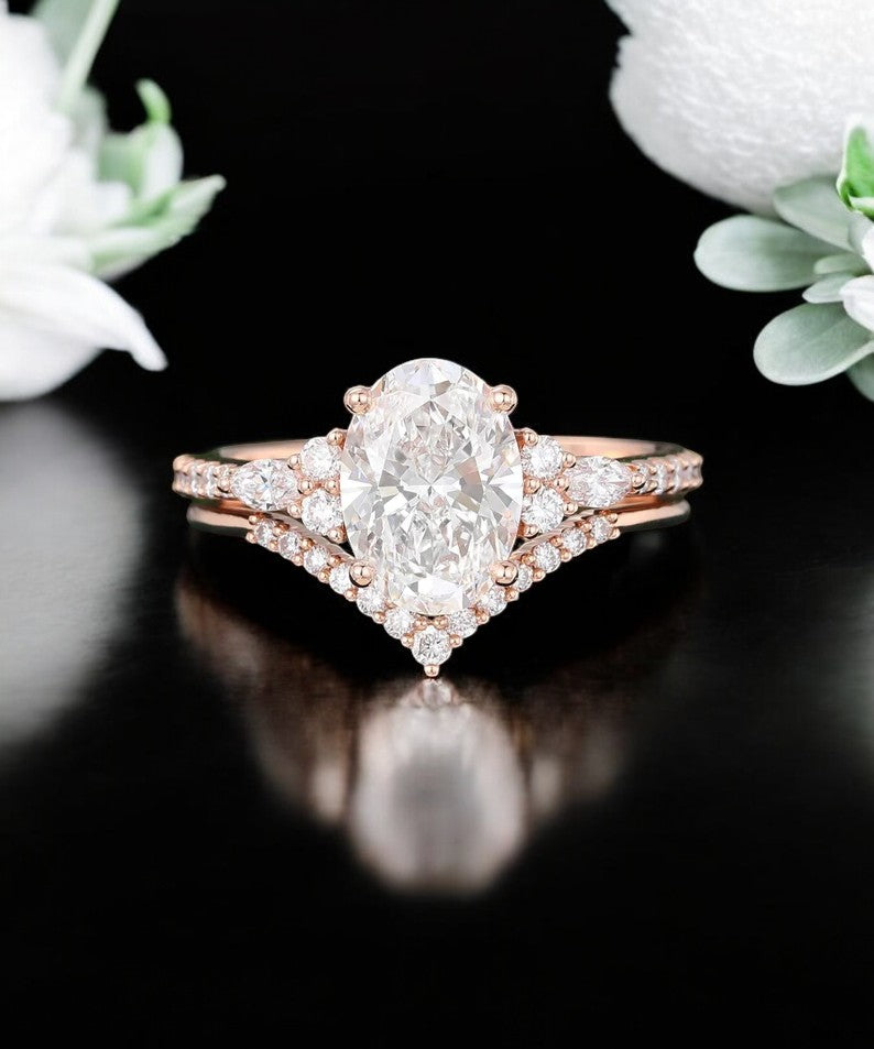 2.270 Ct Oval Cut Moissanite Bridal Set Engagement Ring Solid 14K Rose Gold