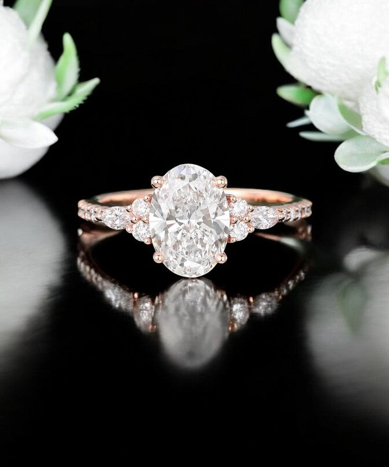 2.270 Ct Oval Cut Moissanite Bridal Set Engagement Ring Solid 14K Rose Gold