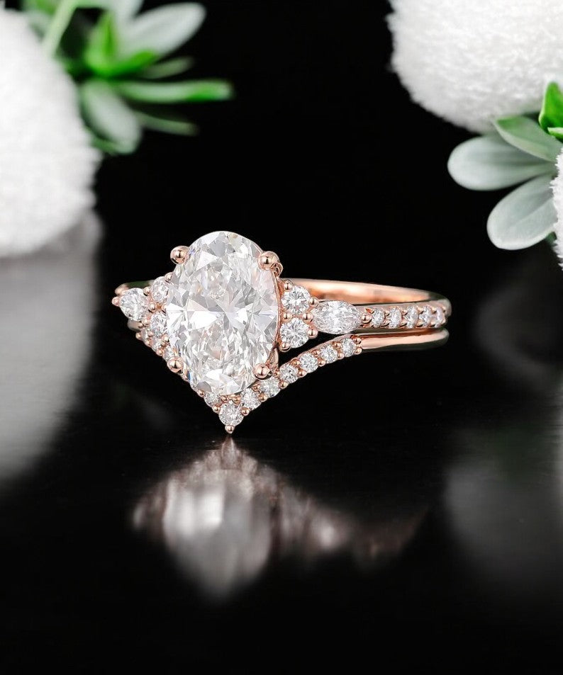 2.270 Ct Oval Cut Moissanite Bridal Set Engagement Ring Solid 14K Rose Gold