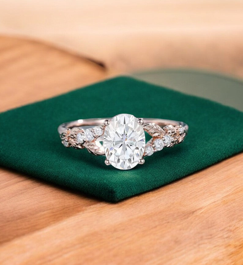 1.360ct Oval Cut Lab Grown Diamond Engagement Ring • Vintage Leaf Art Deco Bridal Ring