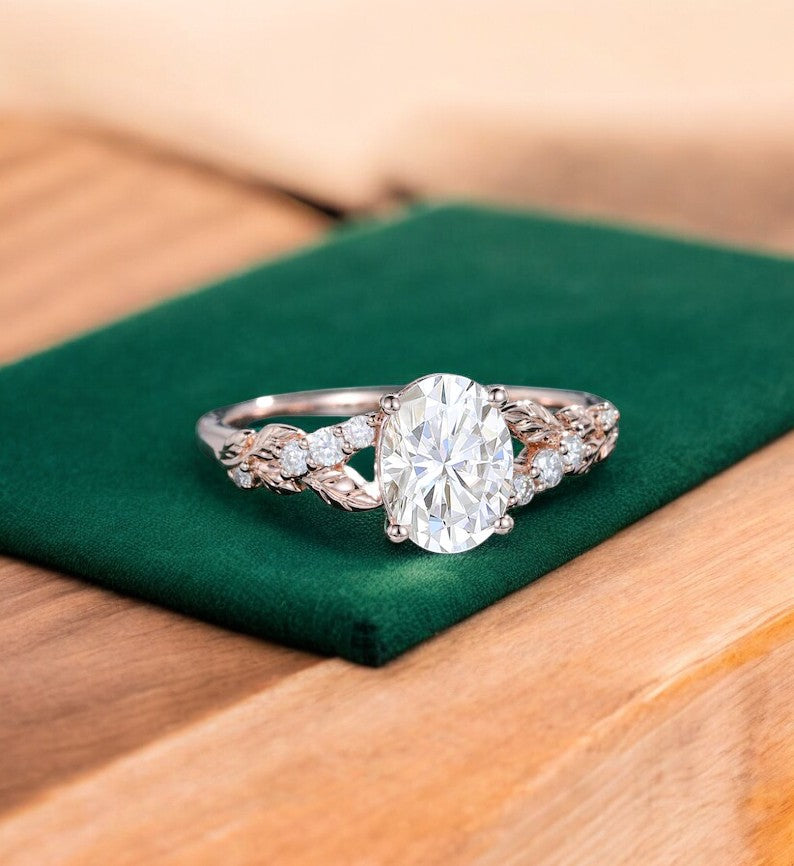 1.360ct Oval Cut Lab Grown Diamond Engagement Ring • Vintage Leaf Art Deco Bridal Ring
