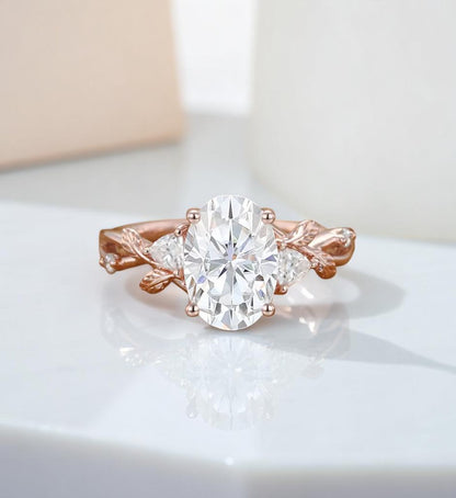 2.5 ct Oval Lab Grown Diamond Engagement Ring • Nature-Inspired Leaf Rose Gold Ring