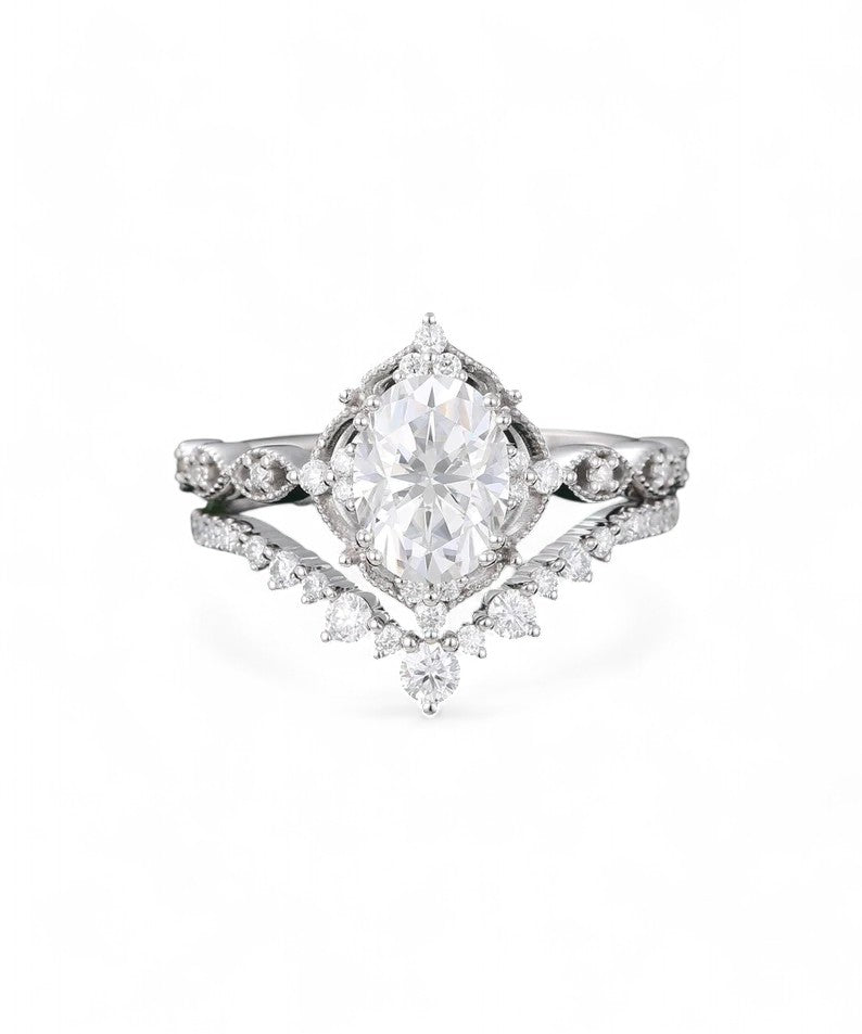 1.650 CT Oval Cut Moissanite Engagement Ring, Bridal Set