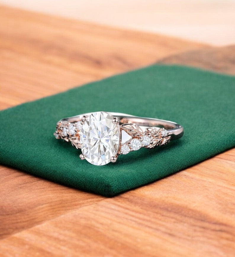 1.360ct Oval Cut Lab Grown Diamond Engagement Ring • Vintage Leaf Art Deco Bridal Ring