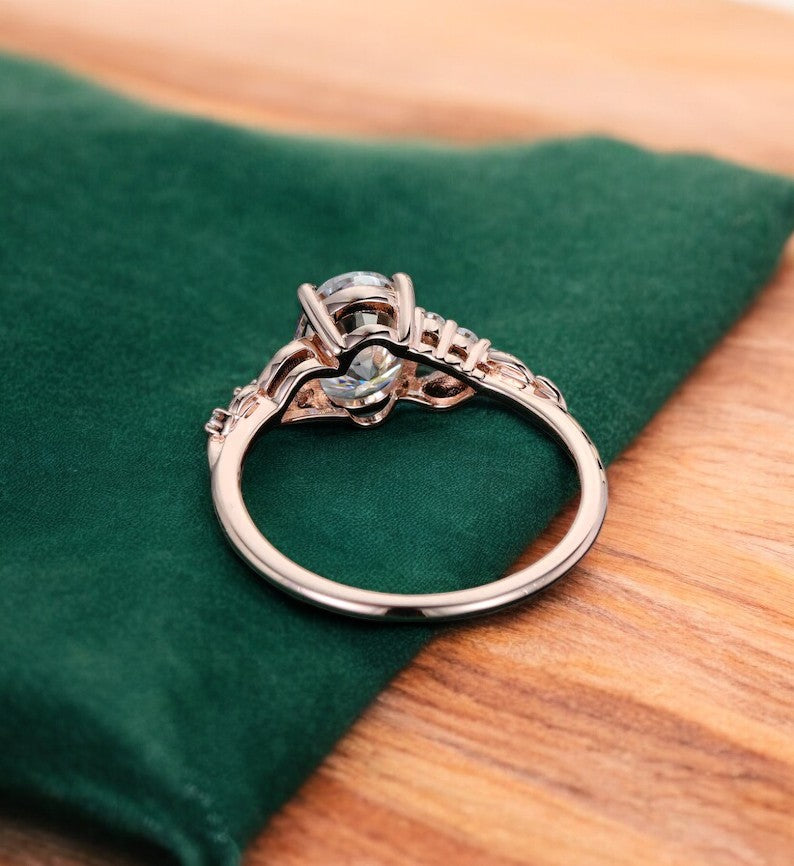 1.360ct Oval Cut Lab Grown Diamond Engagement Ring • Vintage Leaf Art Deco Bridal Ring