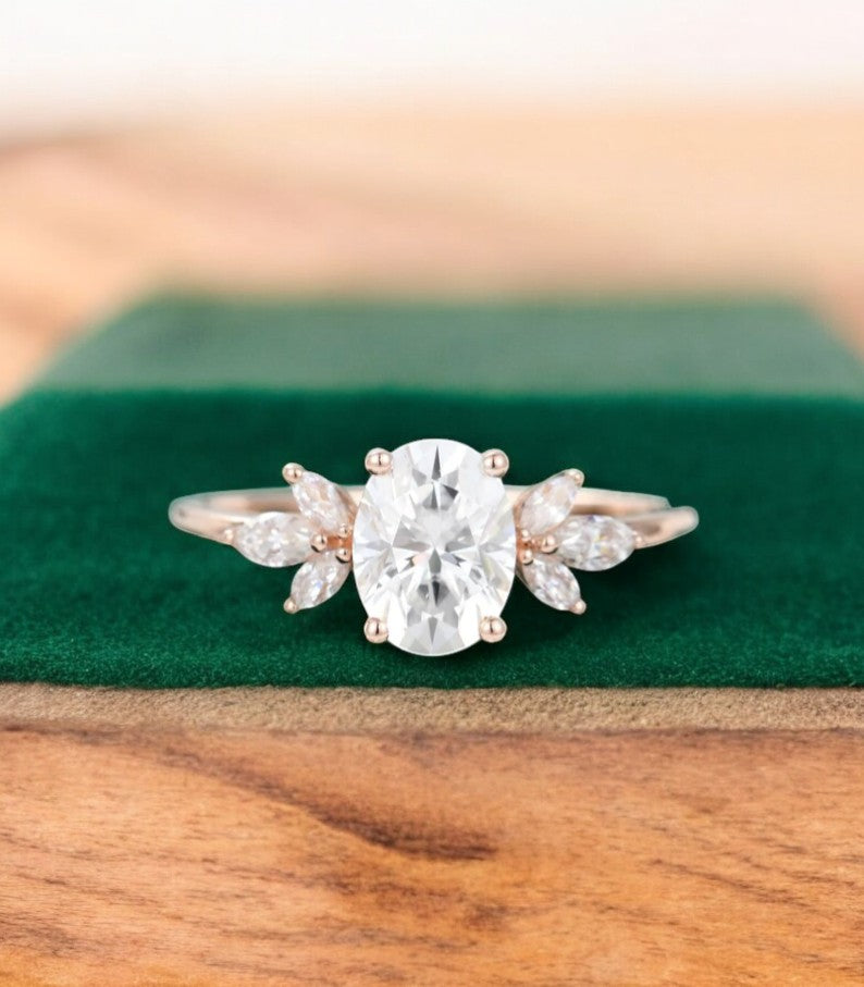 1.25 ct Oval Cut Lab Grown Diamond Engagement Ring • Vintage Marquise Diamond Cluster
