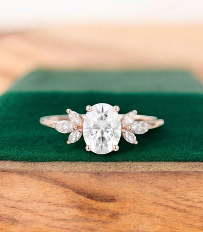 1.25 ct Oval Cut Lab Grown Diamond Engagement Ring • Vintage Marquise Diamond Cluster