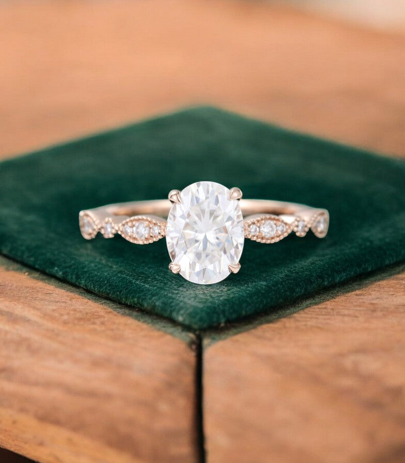 1.25 ct Oval Lab Grown Diamond Engagement Ring • Vintage Rose Gold Ring with Milgrain Detail