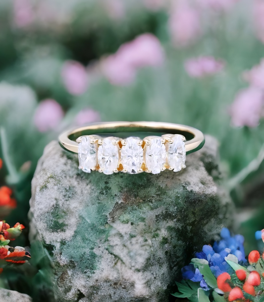 1.50Ct Oval Cut Lab Grown Diamond 5 Stone Engagement Ring • 14K Yellow Gold Band
