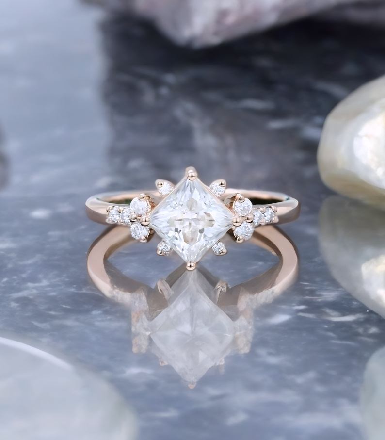 1.25 ct Princess Cut Lab Grown Diamond Engagement Ring • Vintage Rose Gold Bridal Ring
