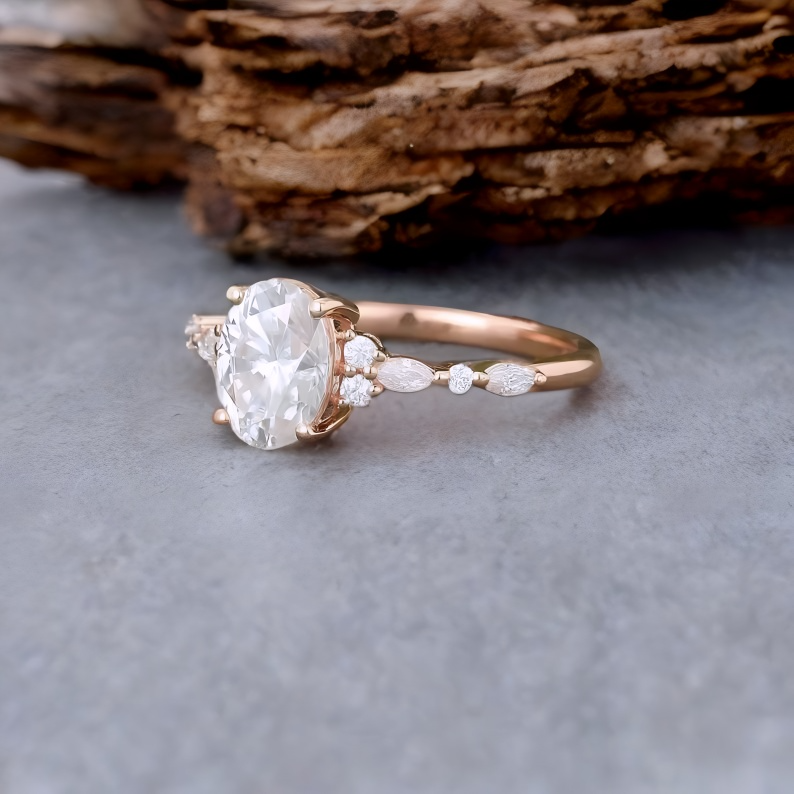 1.25 ct Oval Lab Grown Diamond Engagement Ring • Rose Gold Cluster Bridal Ring