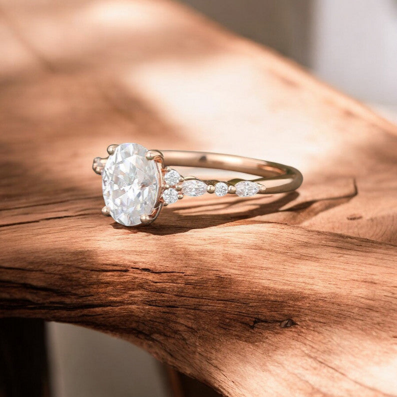 1.25 ct Oval Lab Grown Diamond Engagement Ring • Rose Gold Cluster Bridal Ring