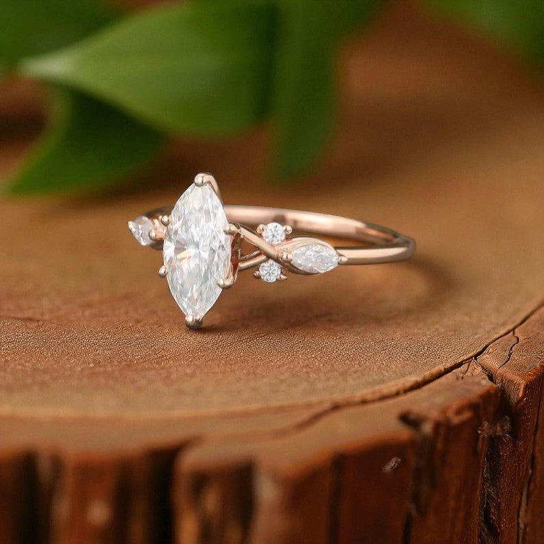 1.00ct Marquise Lab Grown Diamond Engagement Ring • Dainty Rose Gold Cluster Ring