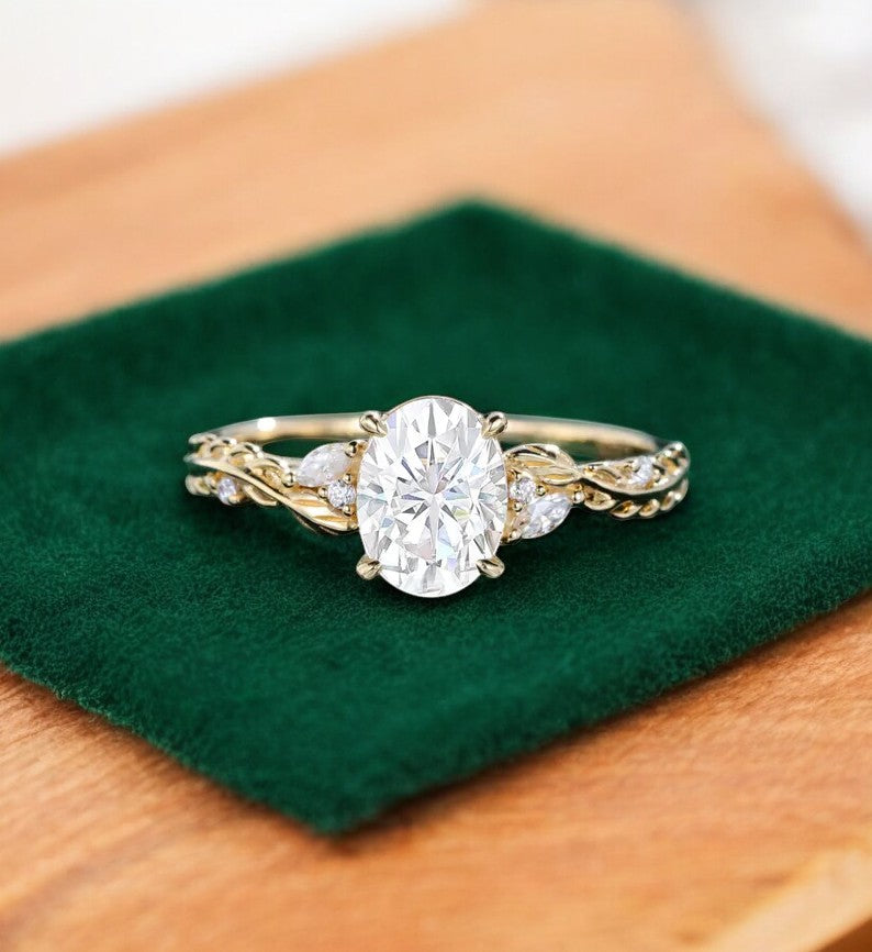 1.60ct Oval Lab Grown Diamond Engagement Ring, Leaf Art Deco Bridal Ring